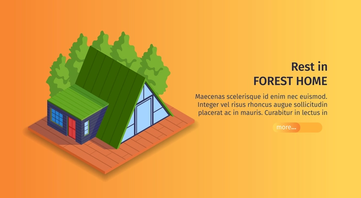 Isometric city horizontal banner with editable text slider button and image of outdoor house for rest vector illustration