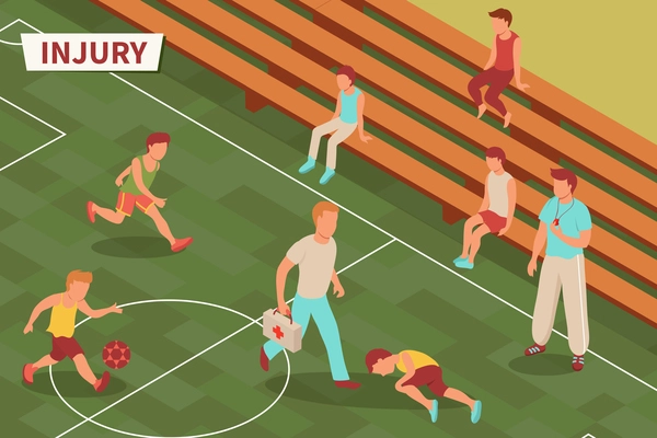 Sport injury isometric composition with text and football playground with injured teenage player and his teammates vector illustration