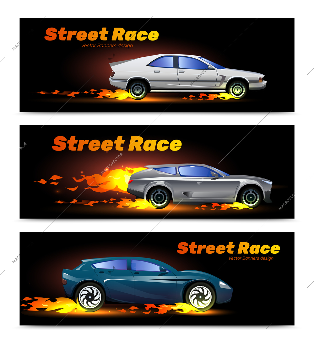 Horizontal banners set with fast race cars on dark background isolated vector illustration