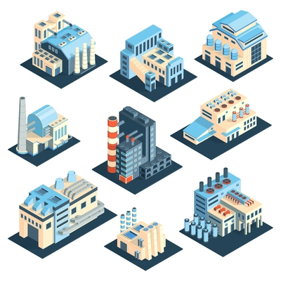 Isometric industrial plant factory set with isolated colourful images of modern plant buildings on blank background vector illustration