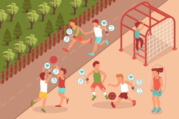 Sport gadget isometric composition with outdoor scenery and characters of teenage kids wearing electronic fitness accessories vector illustration