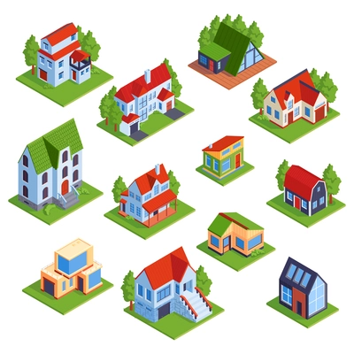 Set of isolated isometric private town houses on blank background with modern architecture low-rise buildings vector illustration