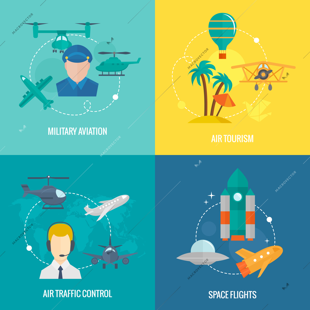 Business concept flat icons set of aircraft military aviation air tourism traffic control and space flights infographic design elements vector illustration