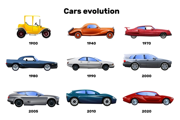 Flat design set of car models evolution symbols isolated on white background vector illustration