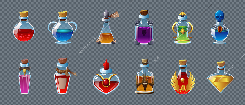 Colorful game magic potions in different bottles realistic set isolated on transparent background vector illustration