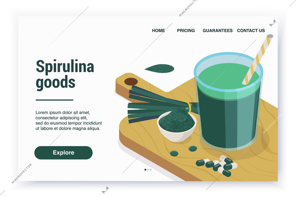 Spirulina isometric web site landing page with editable text links and cutting board with pills and powder vector illustration