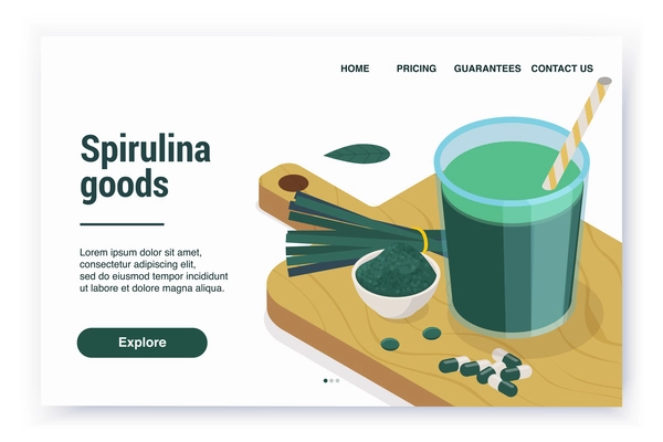 Spirulina isometric web site landing page with editable text links and cutting board with pills and powder vector illustration