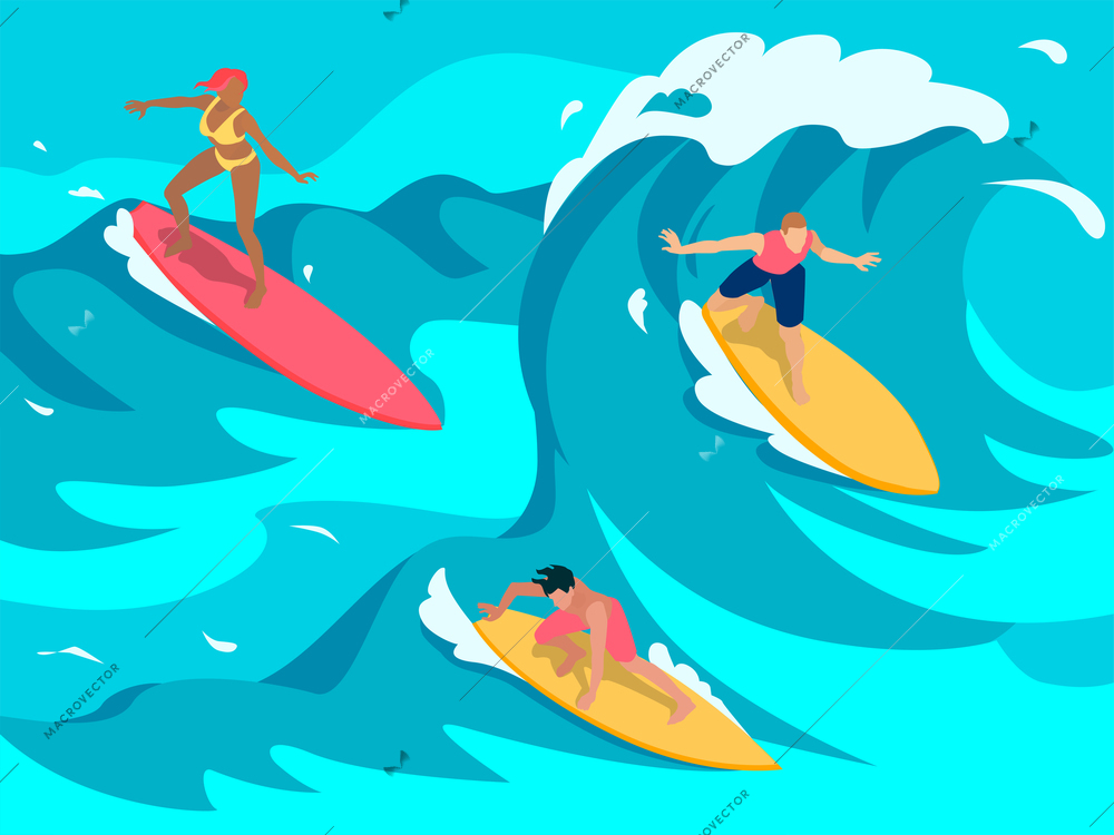 Experienced surfers paddle into towed onto high waves using larger longer boards colorful isometric composition vector illustration