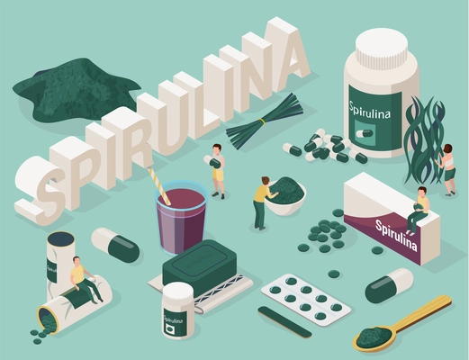 Spirulina isometric set with images of medical products made with cyanobacteria 3d text and small people vector illustration