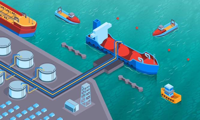 Isometric water transport horizontal composition with view of land based equipment and oil tanker being loaded vector illustration