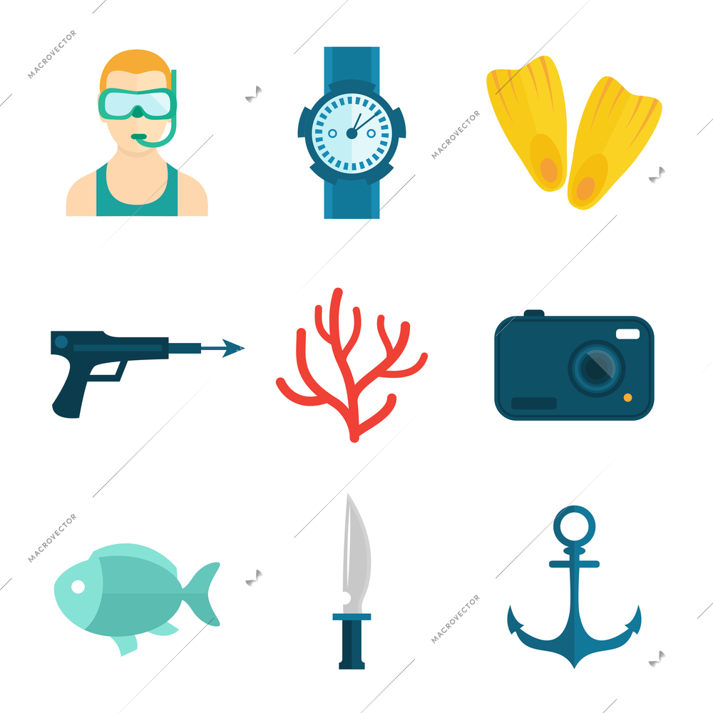 Diving scuba flat icons set of diver watch flipper isolated vector illustration