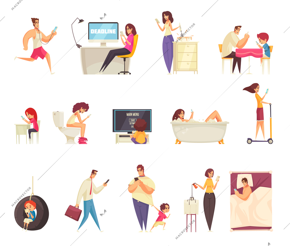 Gadget addiction set of people using smartphones to communicate read online news play games indoor and outdoor isolated vector illustration