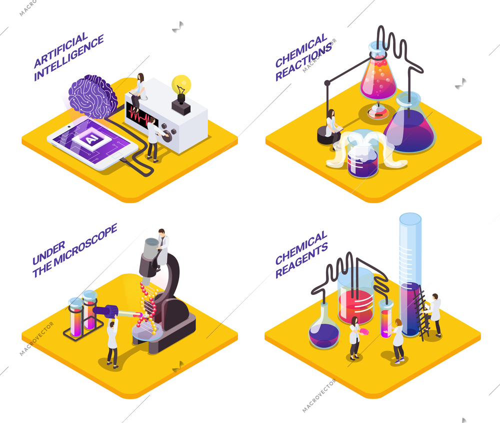 Science 4x1 isometric set of platforms with small characters of scientists with test tubes and text vector illustration