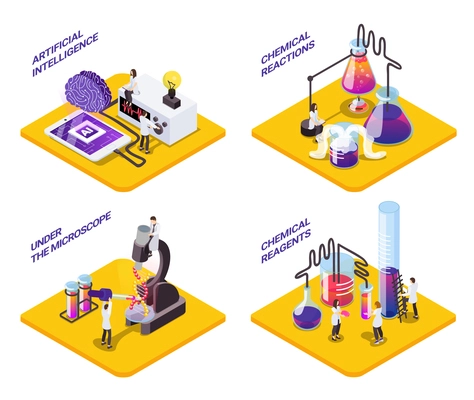 Science 4x1 isometric set of platforms with small characters of scientists with test tubes and text vector illustration