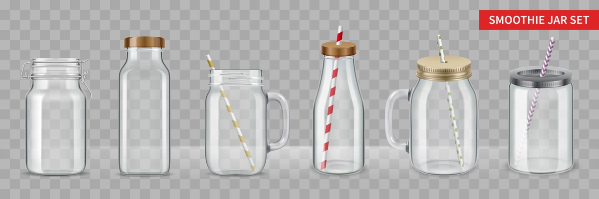 Set with isolated realistic images of jars on transparent background with drinking glasses of various shape vector illustration