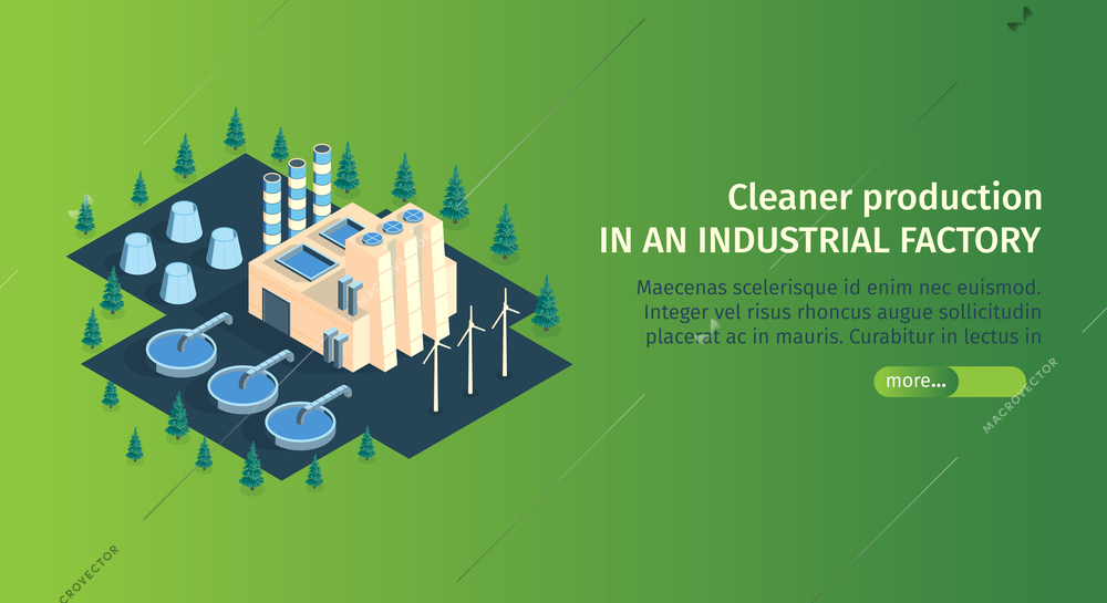 Isometric industrial plant factory horizontal banner with text and view of plant buildings sewage treatment units vector illustration