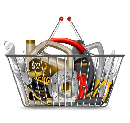 Car parts shopping realistic composition with shopping cart metal basket filled with engine oil and tools vector illustration