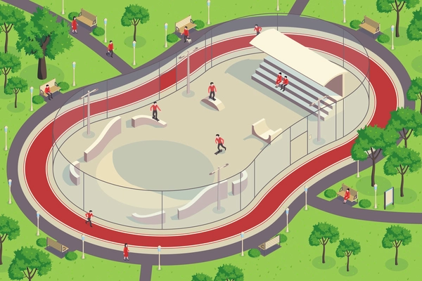 Isometric city park horizontal composition with outdoor view of quarter pipe playground with characters of skateboarders vector illustration