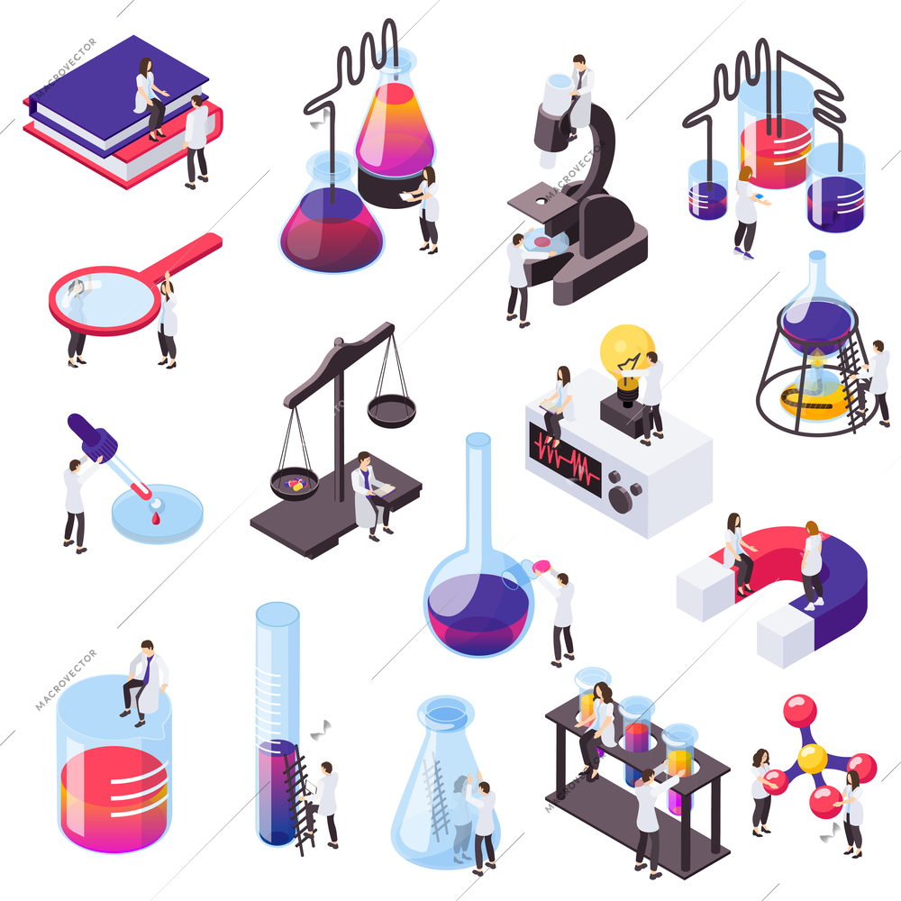 Science isometric set of human characters and icons of laboratory equipment with electronic tools and people vector illustration