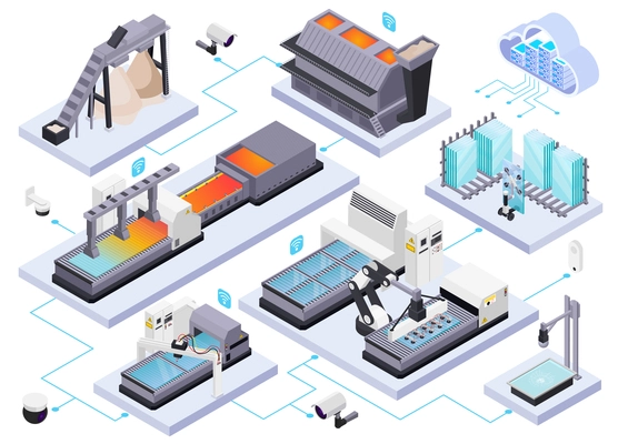 Glass production isometric composition with isolated images of glassworks industrial equipment and machines connected with lines vector illustration