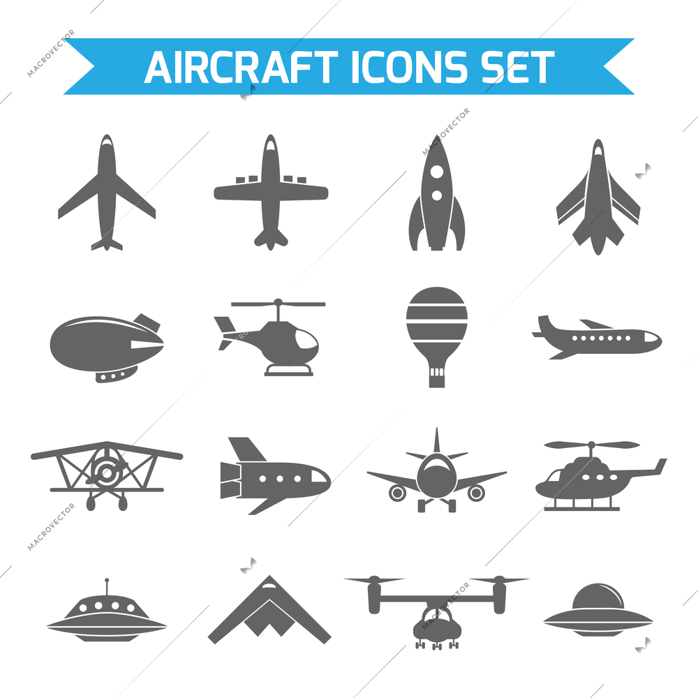 Aircraft helicopter military aviation airplane black icons set isolated vector illustration