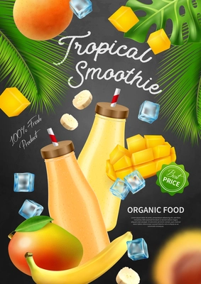 Realistic jar cocktail smoothie vertical advertising poster with composition of tropical leaves fruits and drinking bottles vector illustration