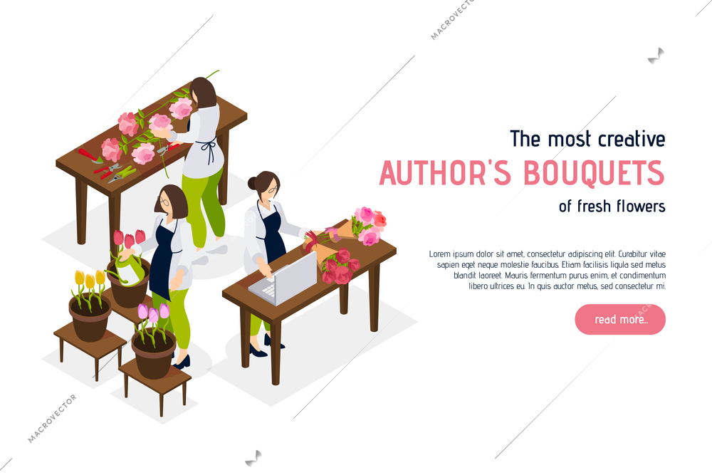 Creative florist isometric landing page with advertising of service offering authors bouquets of fresh flowers vector illustration