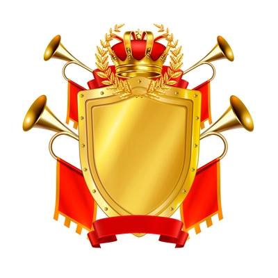 Heraldic realistic design concept with golden shield crown and king fanfares decorates by red flags vector illustration