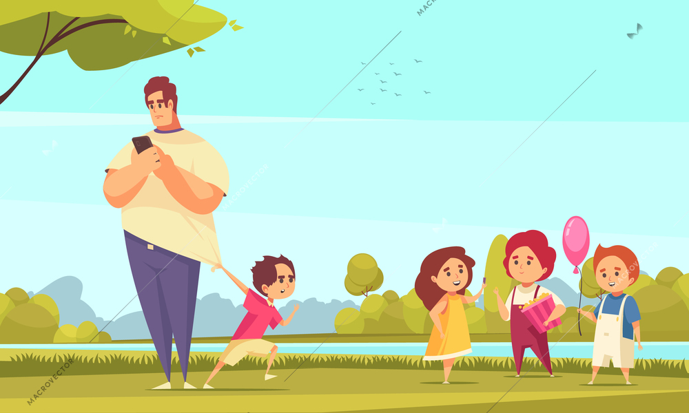 Family problem carton vector illustration with father looking in smartphone and kid dragging his for walk