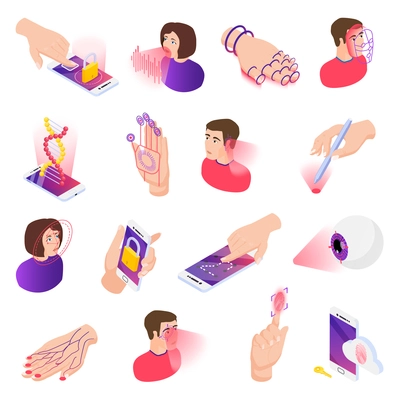 Biometric authentication isometric set with isolated compositions of human head icons with hands and holographic signs vector illustration