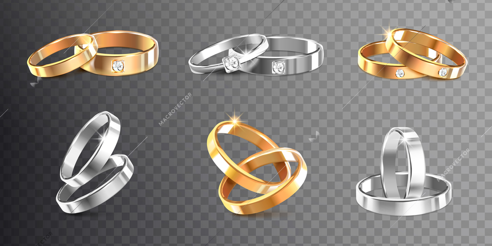 Golden and silver wedding rings decorated with precious stones on transparent background realistic vector Illustration