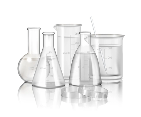 Laboratory glassware monochrome composition  with flasks and beakers on smooth reflective surface realistic vector Illustration