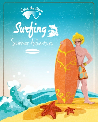 Surfing summer adventure promo poster with male surfer and board vector illustration