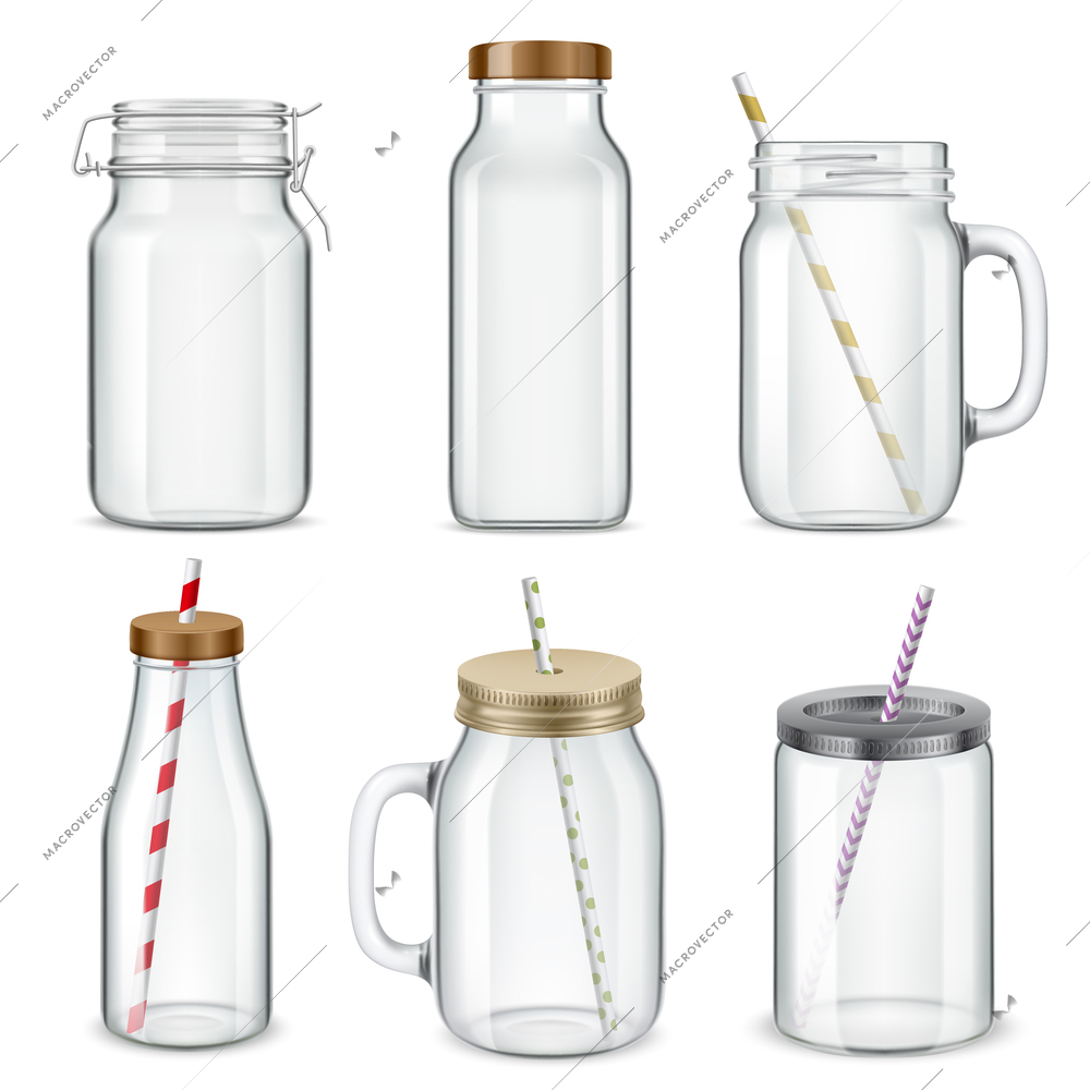 Realistic jar glass cup for detox water cocktail smoothie set of isolated images on blank background vector illustration