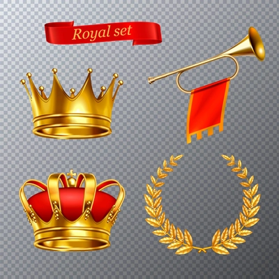 Royal realistic set of king crowns  laurel wreath  trumpet with flag isolated on transparent background vector illustration