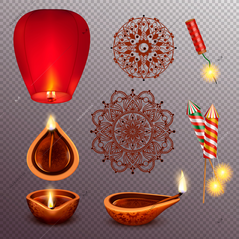 Set of isolated diwali lanterns realistic images on transparent background with festive candles and floating lantern vector illustration