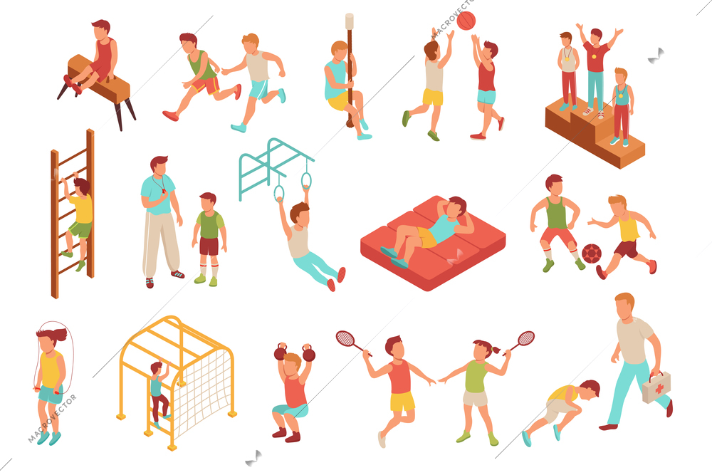 Kid sport isometric set with isolated human characters of teenage children doing various kinds of sport vector illustration