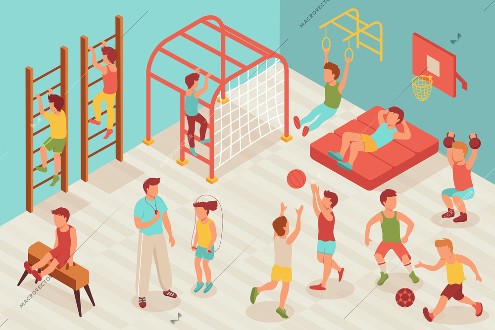 Kid sport gym isometric composition with characters of children doing sports in school gymnasium with teacher vector illustration