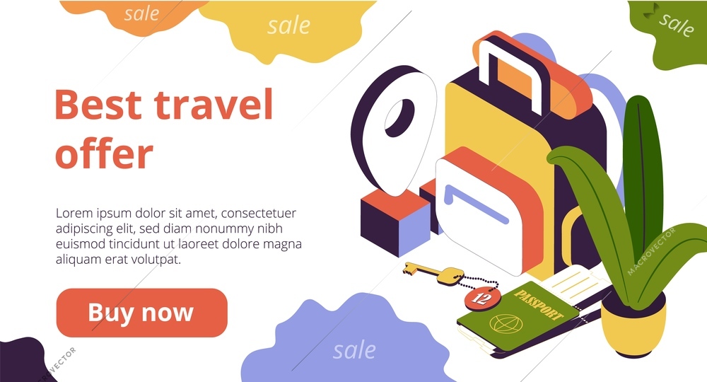 Booking rooms in hostels and hotels isometric web page with luggage and passport 3d vector illustration