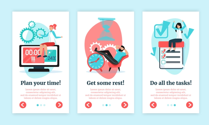 Time management 3 flat vertical banners set with tasks planning relaxing get work done isolated vector illustration