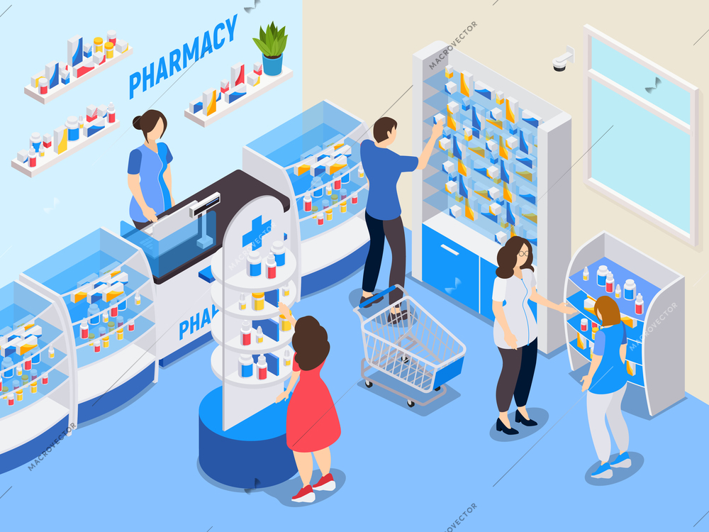 Pharmacy isometric composition with people choosing medications in drugstore and staff advising buyers vector illustration