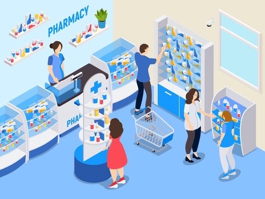 Pharmacy isometric composition with people choosing medications in drugstore and staff advising buyers vector illustration