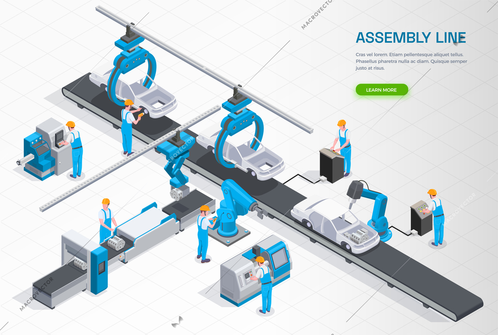 Industrial manufacturing production line equipment isometric composition with car assembling conveyor operators controlling robotic arms vector illustration