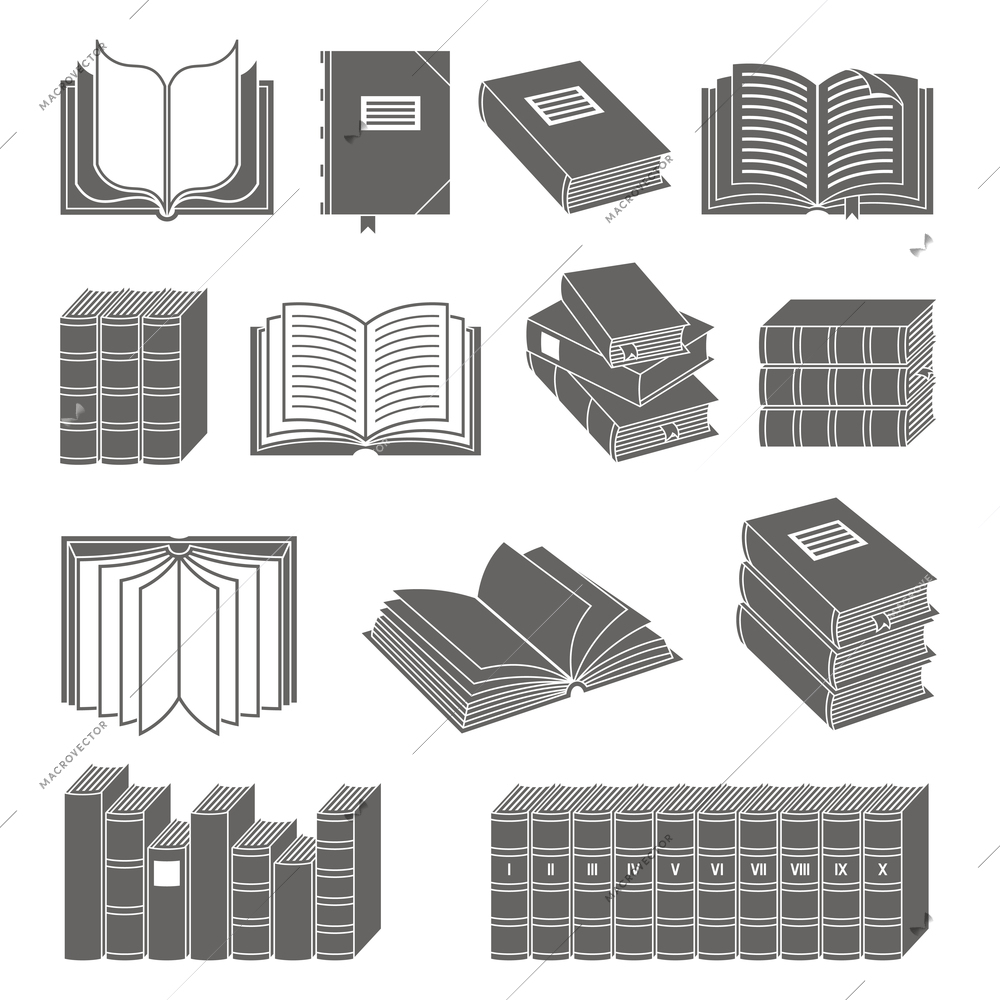 Book library collection black silhouette icons set isolated vector illustration