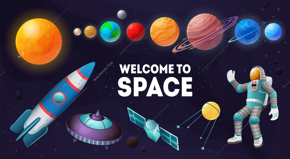 Welcome to space colorful composition of planets sun solar station satellite spacecrafts astronaut set background vector illustration