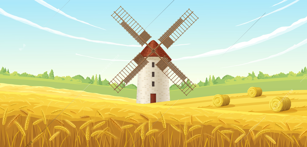 Farm summer landscape mill composition with historic building of flouring mill beyond the wheat field scenery vector illustration