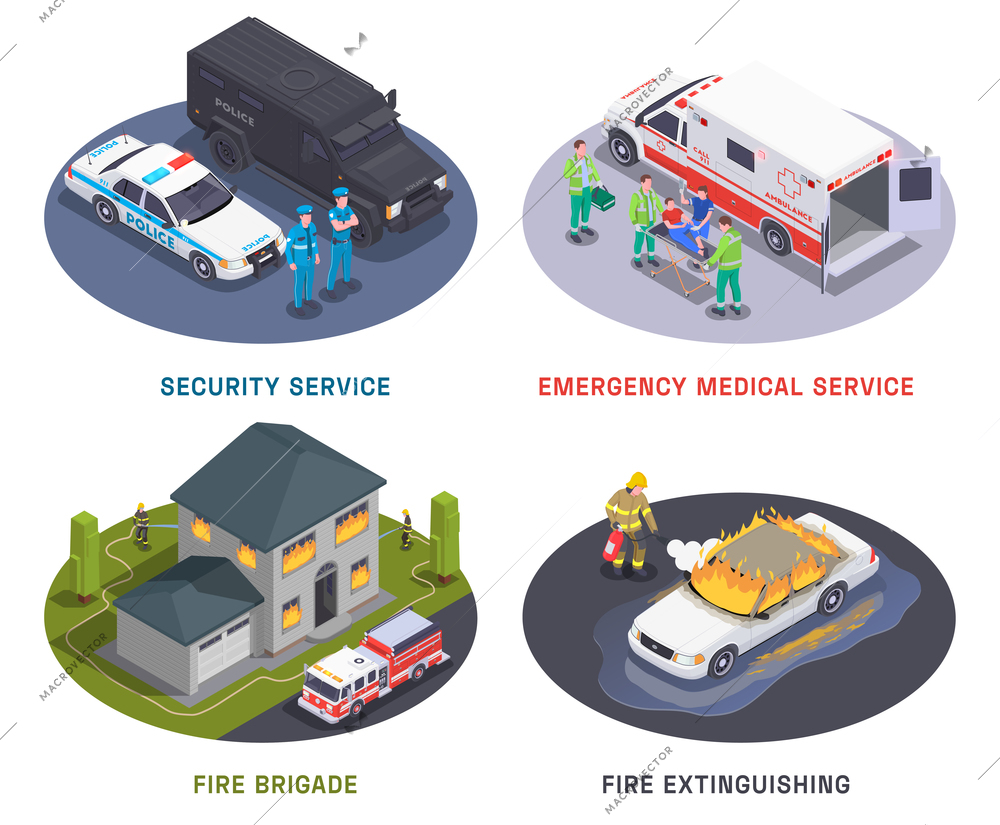 Emergency service 4 isometric compositions with fire brigade medical team and security guards at work vector illustration.