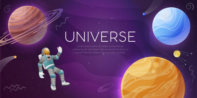 Universe colorful background horizontal banner poster with astronaut in open space celestial bodies artificial earth satellite vector illustration