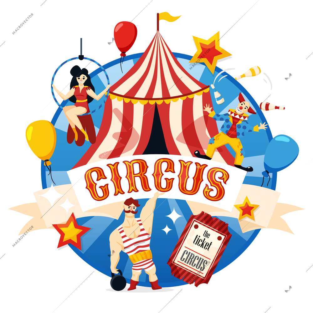 Classic traveling circus symbols circular composition with chapiteau red white tent strongman clown acrobat flat vector illustration