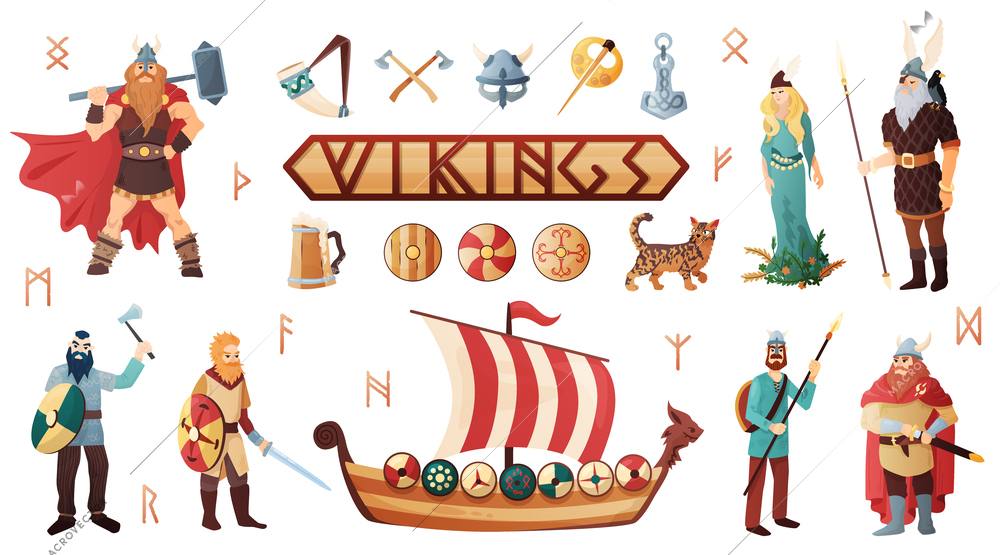 Scandinavian vikings culture weapon armor costume warship people utensils domesticated cat lettering flat icons set vector illustration